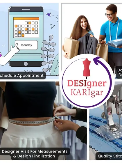 Our entire process is designed for your convenience. This graphic illustrates our simple four-step service: schedule an appointment, have our designer visit for measurements and design finalization, watch as we perform quality stitching, and receive your finished outfit with our doorstep delivery. It’s a seamless boutique experience at your home.