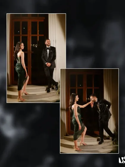 A stylish portrait from the cocktail night. The groom's chivalrous gesture of kissing his bride's hand is a classic, romantic moment captured with modern flair.