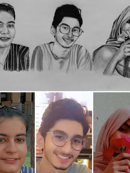From photo to art. This image shows the original reference photos next to my finished pencil sketches, giving you a clear idea of how I transform your pictures into hand-drawn portraits.