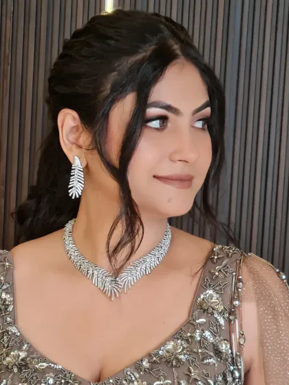 A lovely profile shot of my engagement bride, showcasing her elegant makeup and diamond jewelry.