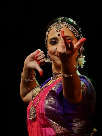 The power of expression in Bharatanatyam. This dynamic pose from my student Sunidhi's performance at the Kanasu Dance Festival showcases the energy and precision we cultivate.