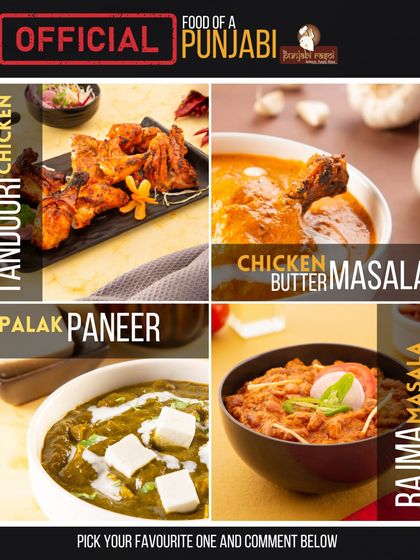 Pick your favorite Punjabi food! This graphic pits four classics against each other: Tandoori Chicken, Chicken Butter Masala, Palak Paneer, and Rajma Masala.