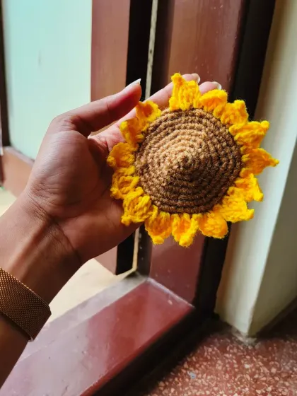 A close up of a single crochet sunflower head. I love the texture of the petals and the center, all created with just yarn and a hook.
