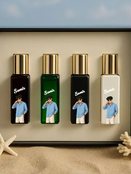 A gift that's both personal and sophisticated. This set features four Denver perfumes in a premium gift box, where each bottle can be customized with a unique photo and name, making it a one-of-a-kind fragrance collection.