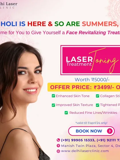 An offer for our Laser Toning treatment, a gentle laser procedure that improves skin tone and texture, stimulates collagen, and reduces fine lines. It is an excellent choice for overall skin revitalization.