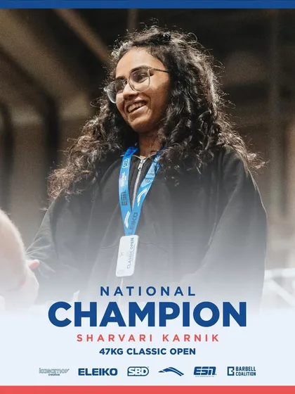 National Champion Sharvari Karnik. This image captures the culmination of a grueling 12-week prep where she added 20kg to her total, securing the gold at the British Nationals. This is the result of pure grind and glory.