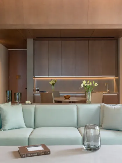 The living area of one of our suites, featuring a comfortable sofa and modern decor. It is a perfect space to unwind after a day of spa treatments.