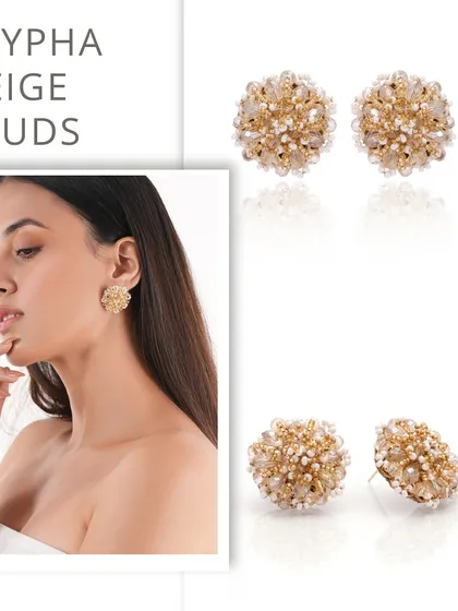 Our Stypha Beige Studs are the perfect neutral accessory, featuring a cluster of beige and gold crystals for a subtle sparkle.
