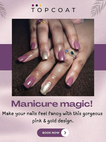 Manicure magic in action. This gorgeous design combines a solid pink base with a statement gold glitter accent nail. It’s a fun and fancy way to add a bit of sparkle to your manicure without going over the top.