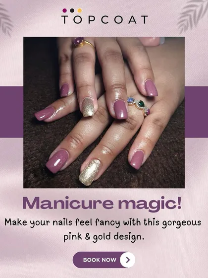 Manicure magic. This gorgeous design pairs a solid dusty pink polish with full-coverage gold glitter accent nails for a fancy and fashionable look.