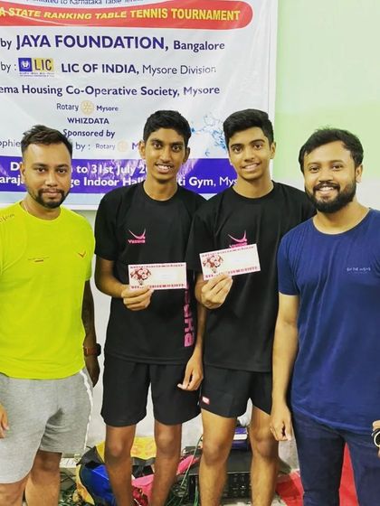 Celebrating with our U19 boys, Samyak and Akash, after their strong performance at the Mysore State Ranking Tournament.