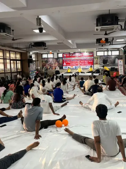 A wide shot of our International Yoga Day celebration at Shree Balaji Mandir in Vivek Vihar. It was wonderful to see so many people come together to practice.