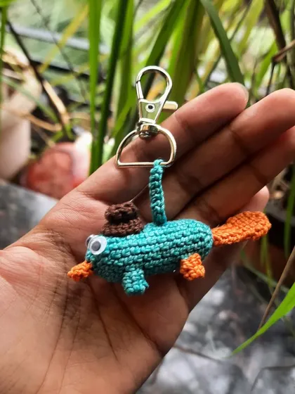 A platypus? Perry the Platypus! Creating characters from beloved cartoons is always a blast. This custom amigurumi of Perry comes complete with his little fedora.