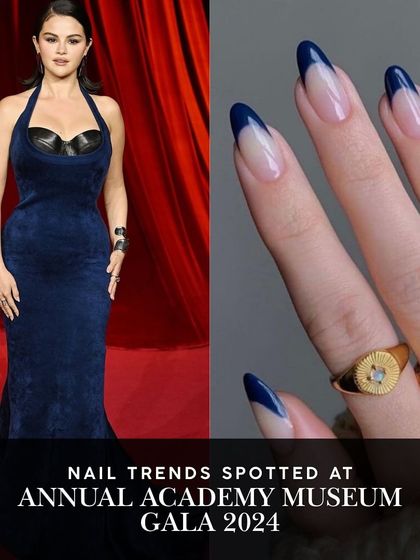 A modern twist on a classic. This deep navy French manicure, inspired by Selena Gomez's look at the Annual Academy Museum Gala, is both bold and sophisticated.