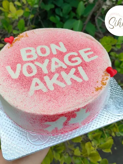 A simple "Bon Voyage" cake using a spray paint effect with edible glitter. The stenciled airplanes add a clean and modern touch to the farewell message.