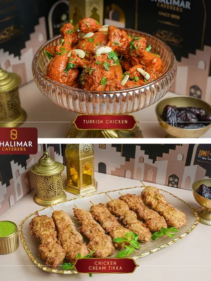 A duo of our most popular chicken starters. On top, the rich and tangy Turkish Chicken, and below, the creamy and mildly spiced Chicken Cream Tikka skewers.
