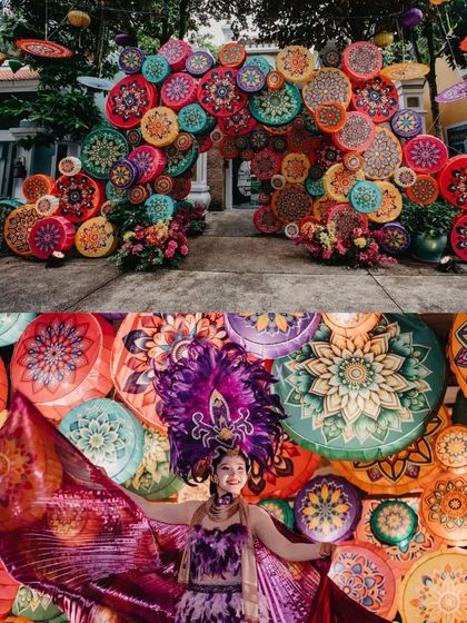 A collage featuring a stunning archway made of colorful, mandala-painted discs. A performer in a vibrant costume stands in front, highlighting the carnival-like atmosphere of the mehendi.