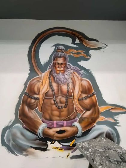 Another angle of the Hanuman ji mural, this one showing the 3D effect of the painting on the wall. The strong shadow makes the figure appear to be coming out from the wall.