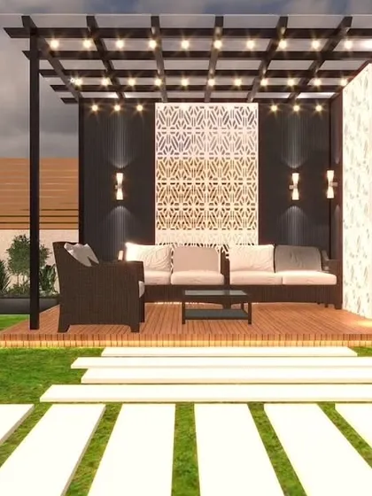 Another pergola concept for the same project, with decorative backlit panels creating an elegant ambiance.