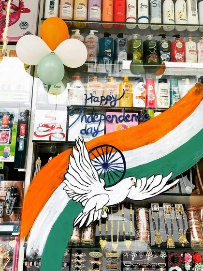 A custom hand-painted piece for Independence Day, featuring the Indian flag and a dove of peace. This was part of the overall decoration for the gift shop.