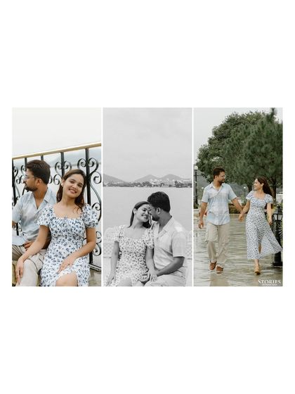 A triptych of the couple's moments in Udaipur, from sitting by the lake to a romantic walk.
