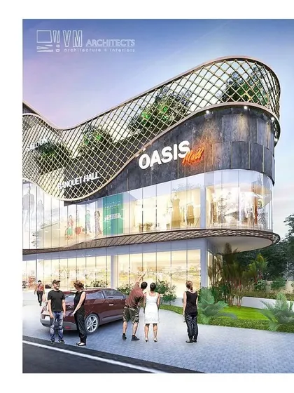 This is my design for the Oasis Mall in Koothuparambu, showcasing a vision for modern commercial architecture. The concept features a dynamic, curved facade with an integrated green lattice, blending retail functionality with a striking, nature-inspired aesthetic to create a landmark destination.