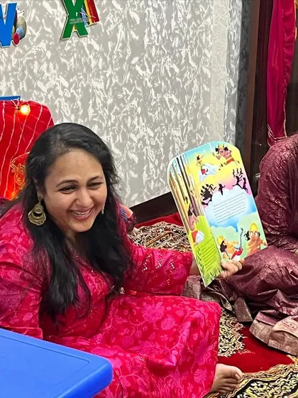The joy of storytelling during our Navratri workshop. I love sharing the powerful story of Maa Durga and Mahishasur with such an attentive audience.