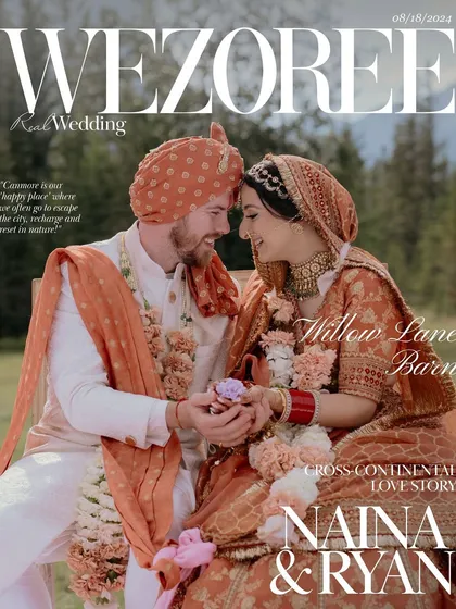 The cover feature of Naina and Ryan's cross-cultural wedding for Wezoree. This image captures the beautiful blend of their Indian and Canadian ceremonies, a true reflection of their shared love for nature and each other.