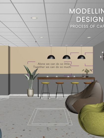 The modeling and designing process for a cafeteria. We use 3D software to plan the layout, furniture, and flow of the space.