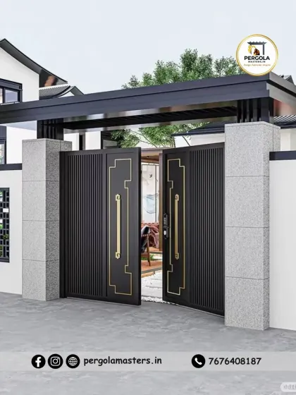 This gate features a blend of vertical slats and gold-colored inlay, creating a sophisticated and modern Asian-inspired design. It provides a secure and stylish entrance that complements the clean lines of the property wall.