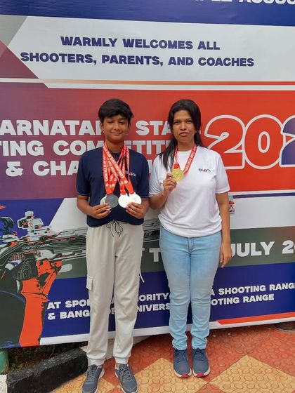 Celebrating 100% success in Air Rifle individual events. Our shooters Kiaan and Gajalakshmi proudly display their medals after qualifying for Pre-Nationals at the 13th Karnataka State Shooting Competition.