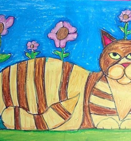 A very creative take on the cat drawing, with flowers growing from its back. We love it when students add their own imaginative twists.