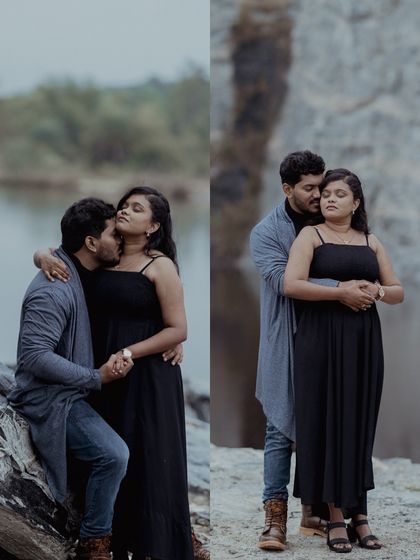 A collage showing a couple's romantic poses against the dramatic backdrop of a stone quarry, highlighting their connection.