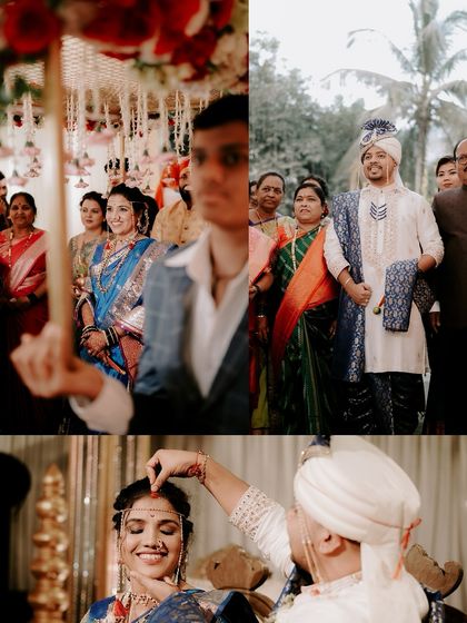 Key moments from the wedding ceremony are shown here, including the bride's entrance and the groom applying the sindoor. These are crucial parts of the wedding story that I always ensure to capture.
