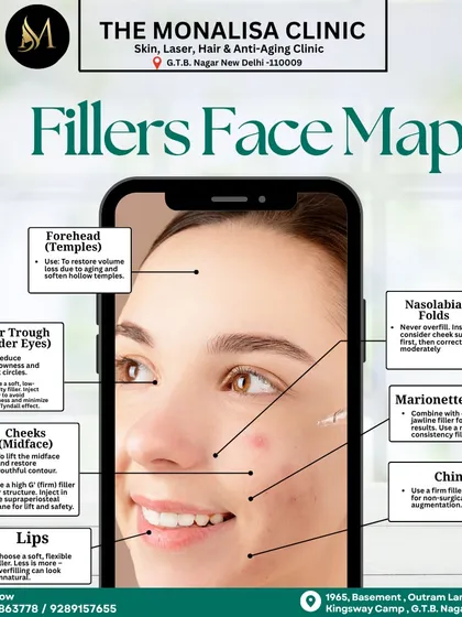 This detailed 'Fillers Face Map' serves as a guide to our facial contouring services. It illustrates the specific areas we treat, from tear troughs and cheeks to lips and chin, explaining how we use different fillers to achieve targeted results like volume restoration and structural definition.