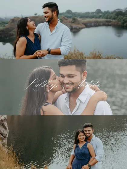 A collage of romantic moments from a lakeside pre-wedding shoot. It beautifully captures the couple's affection, including a sweet kiss on the cheek and loving gazes.