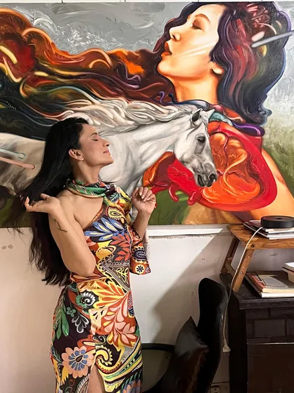 The same painting, "Soulmates," viewed from a different angle. The piece explores the powerful, almost spiritual connection between a woman and the symbolic white horse.