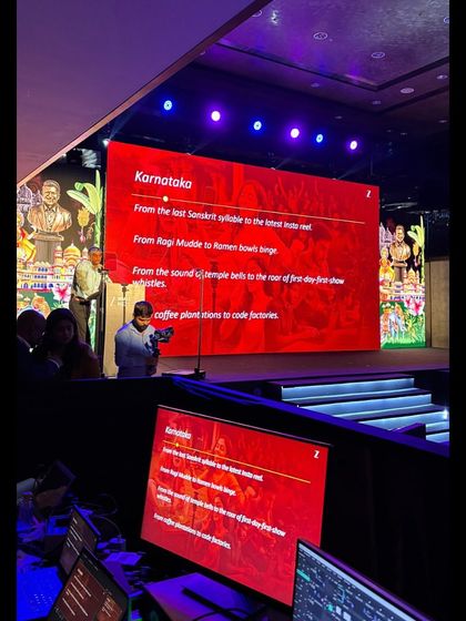 A view of the teleprompter and main screen from our console at the 'Zee 5, What's Next?!' event. We synchronize the speaker's script with the on-screen graphics.