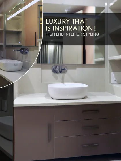 A closer look at the kid's bathroom vanity, featuring a sleek countertop sink and ample drawer storage. It’s an example of high-end interior styling that is also practical for family life.