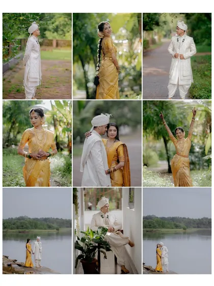 A nine-grid collage summarizing a beautiful riverside wedding story, from solo portraits to couple moments.