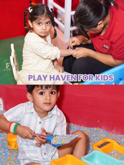 A play haven for kids. This collage shows a child getting her nails painted and another enjoying our sensory sand pit, representing the wide range of engaging activities we provide.