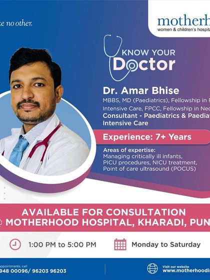 Know your doctor: Meet Dr. Amar Bhise, a consultant in Paediatrics & Paediatric Intensive Care at our Kharadi, Pune hospital. With over 7 years of experience, his expertise lies in managing critically ill infants and children, performing advanced PICU procedures, and utilizing Point of Care Ultrasound (POCUS).