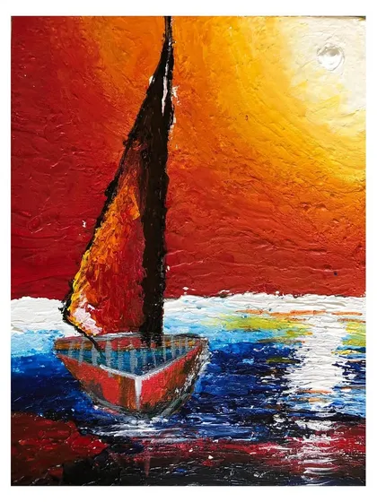 A detailed view of the second sunset boat knife painting, highlighting the rich textures and bold colour choices.