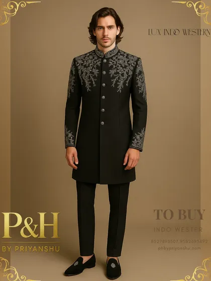 A full-length view showcasing the regal posture and silhouette of the black hand-embroidered Indo-Western suit, designed for formal wedding ceremonies and receptions.