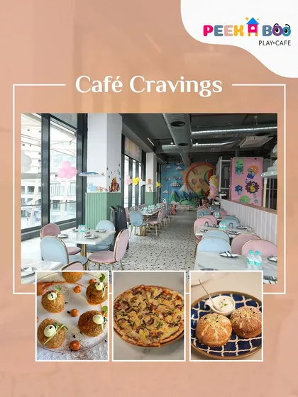 Here you can see our unique setup. The bright, clean dining area is situated right next to the play zone, allowing you to relax with a meal while keeping a comfortable eye on your children. This collage also highlights some of our popular dishes like pizza and garlic bread.