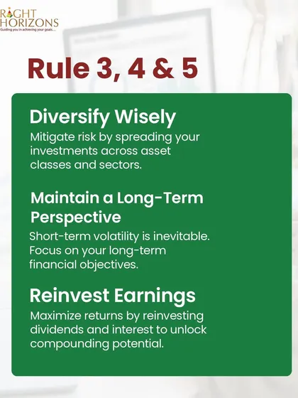This infographic presents rules 3, 4, and 5 of our golden rules for long-term investing. We emphasize the importance of wise diversification, maintaining a long-term perspective, and reinvesting earnings to unlock compounding potential.