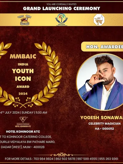 The official announcement poster for my India Youth Icon Award. Thank you to the MMBAIC for appreciating my efforts as a magician and social media influencer.