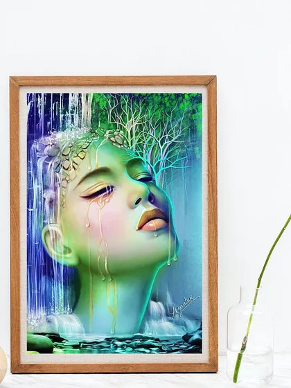 A mockup showing the "waterfall girl" fantasy piece framed. This helps visualize how a custom conceptual artwork could look in your home.