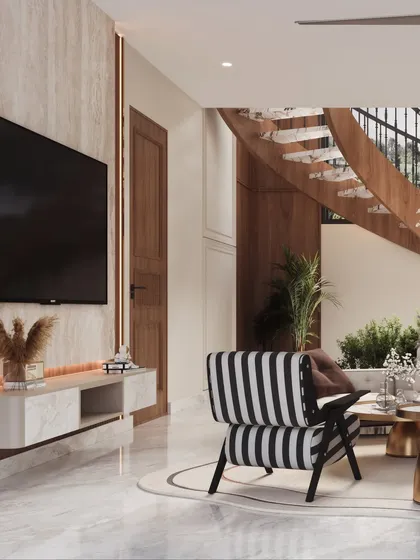 A view of the TV unit and staircase, showing the material harmony between the textured wall, wood steps, and marble console.