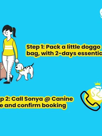 Planning a trip for your doggo is easy. Step 1: Pack a small bag. Step 2: Call me at Canine Elite to confirm your booking.